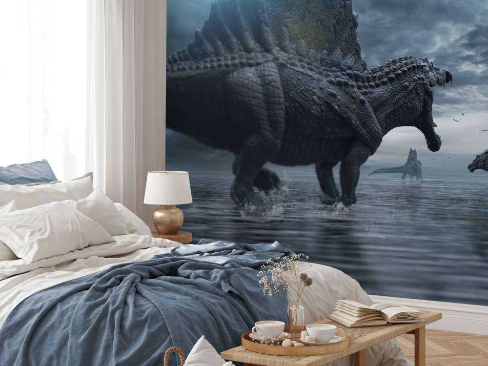 En grupp Spinosaurus i en jaktmark