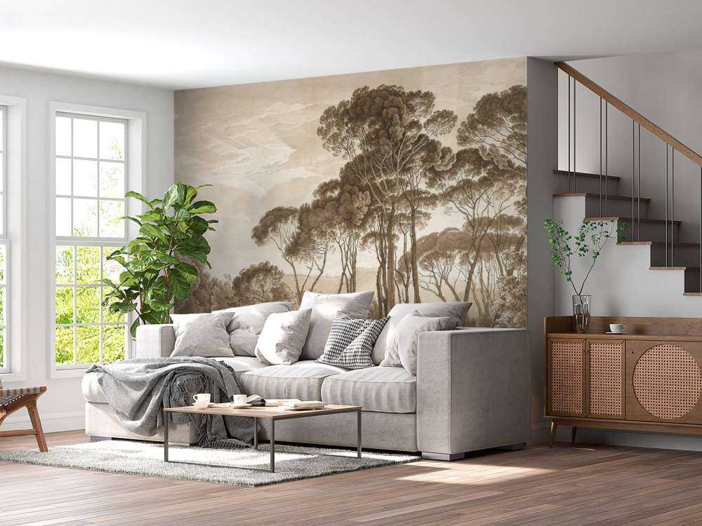 Skogslandskap nära Rom med nedåtgående sol