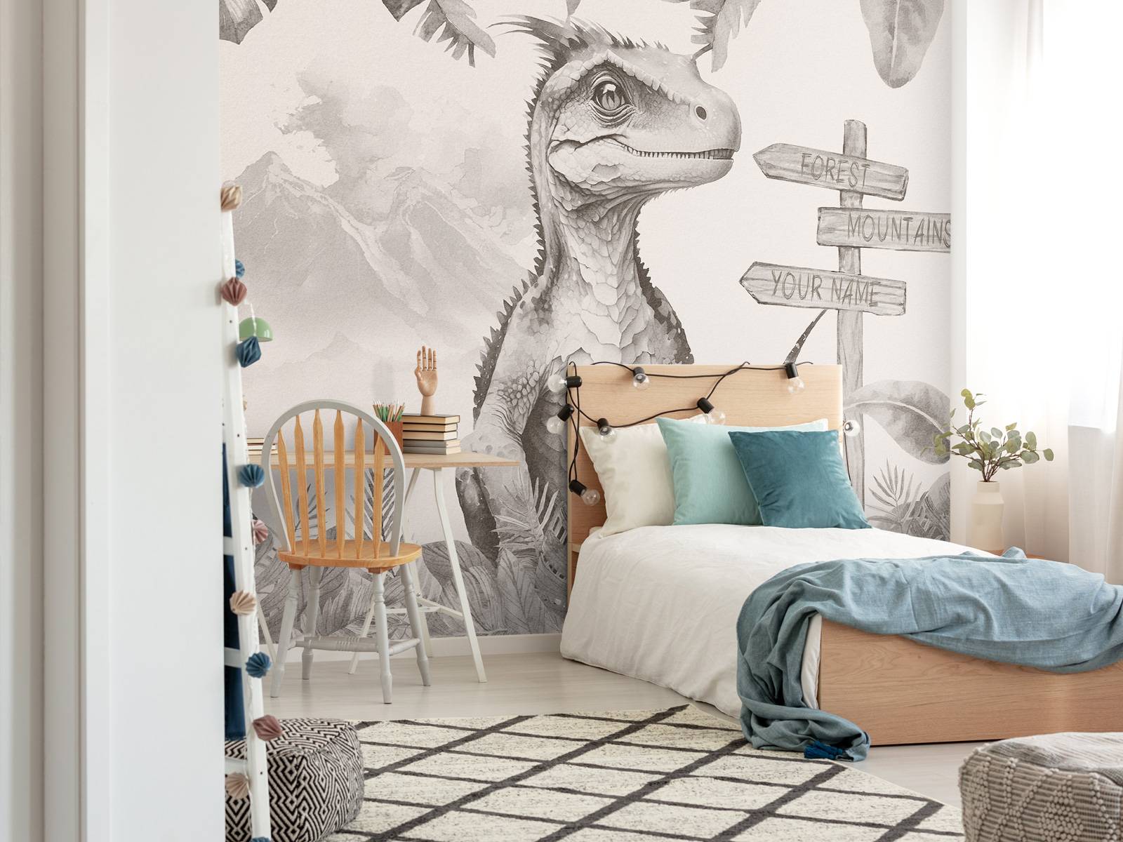 Baby velociraptor i den beige junglen