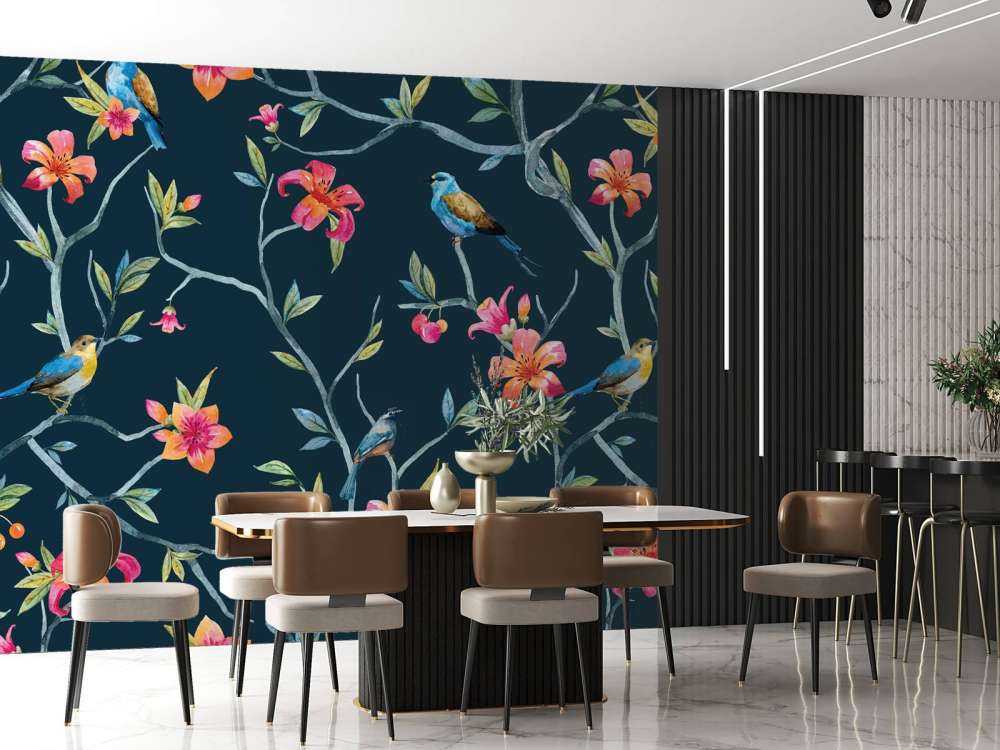 Tropiske blomster og fugle