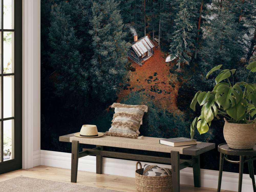 Hytte omgitt av skog og innsjøer