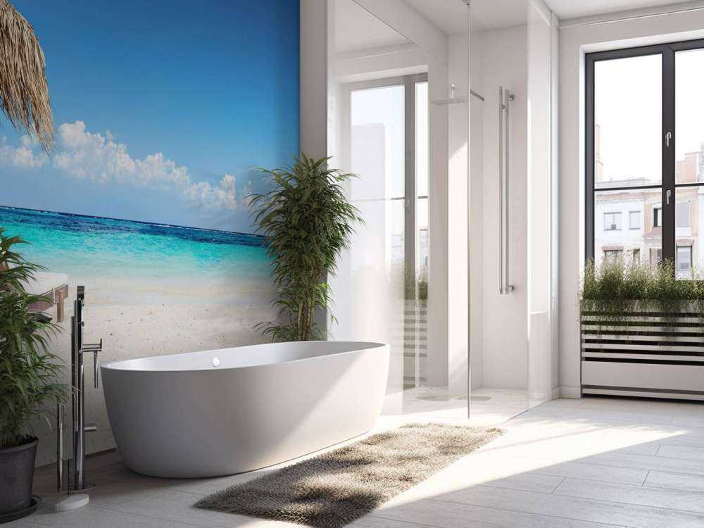 Stoler og parasoll på tropisk strand