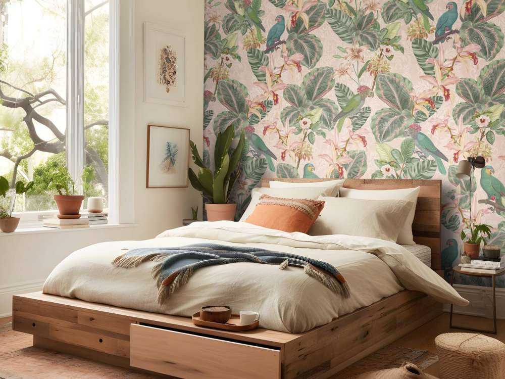 Tropiska djungelns fåglar & papegojor - mjukt rosa