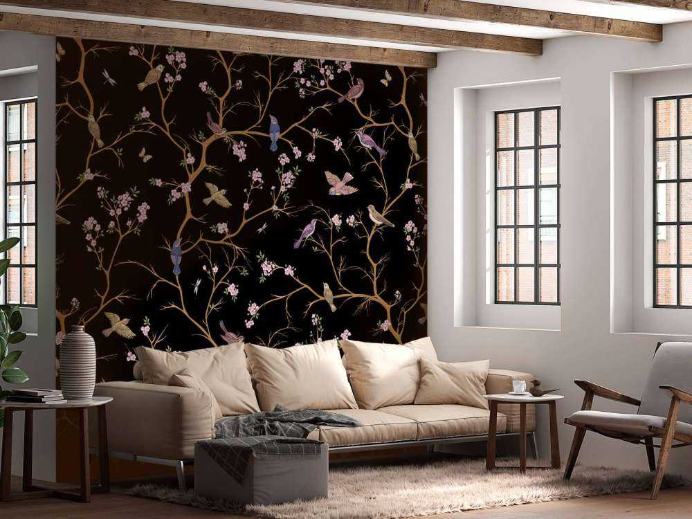 Blommande grenar med fåglar