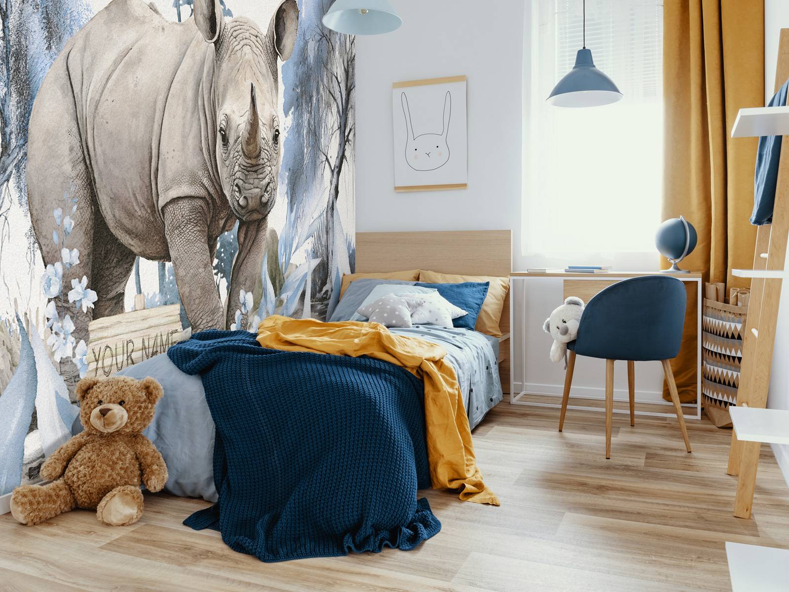 Noshörningsunge på savannen blå