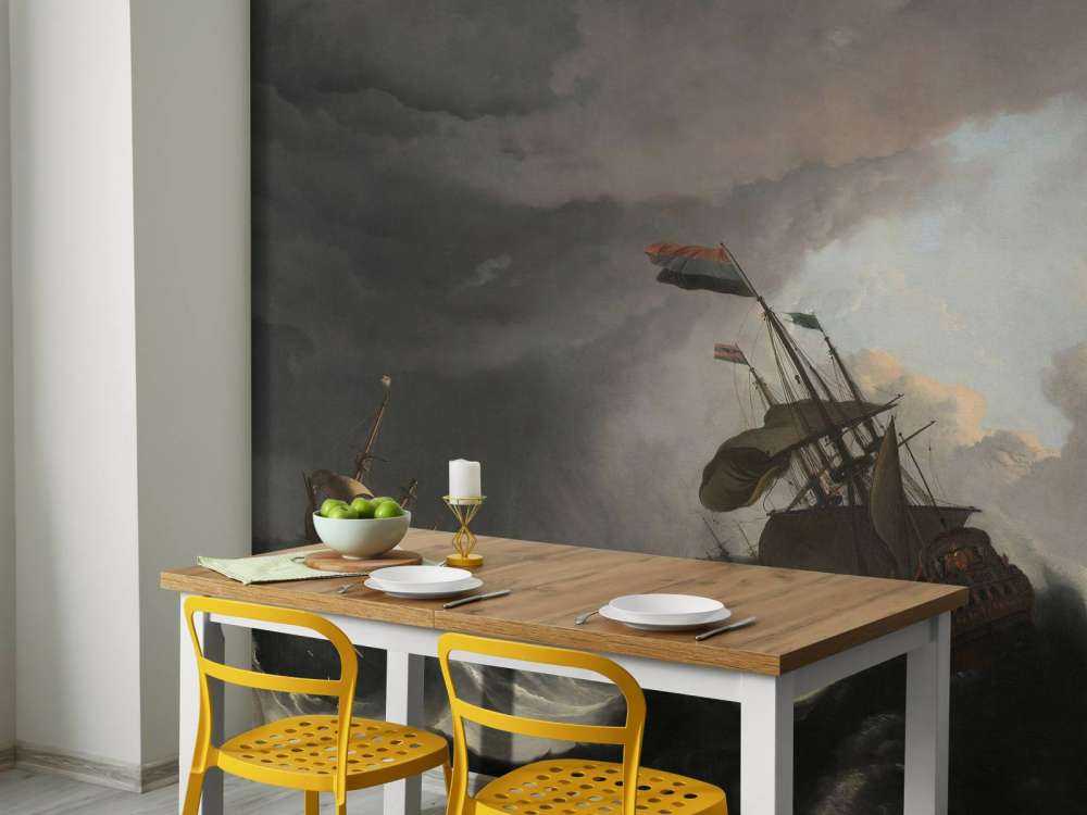 Krigsfartyg under en storm