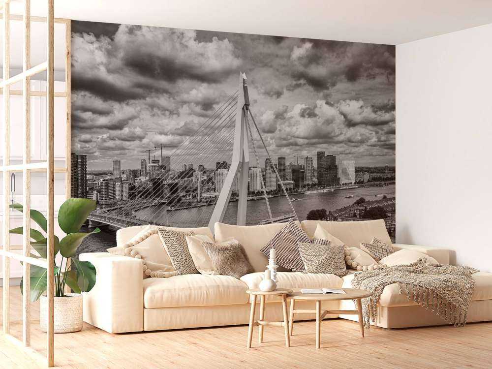 Rotterdam sentrum fra stor høyde i svart-hvitt