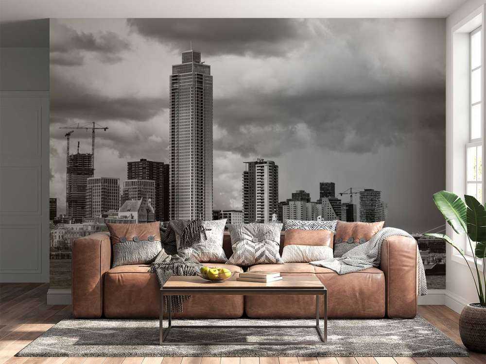 Skyline Rotterdam (Westerkade) fra Katendrecht (svart og hvit)
