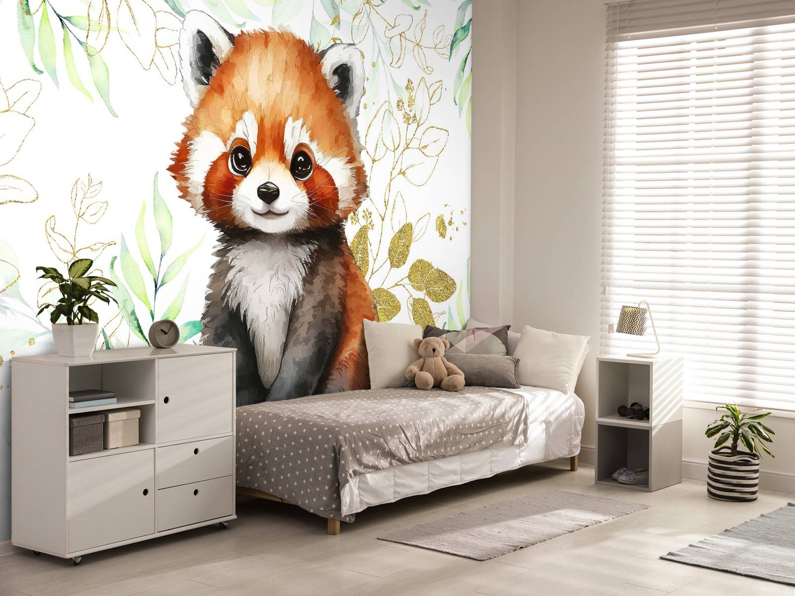 Söt röd panda och blad