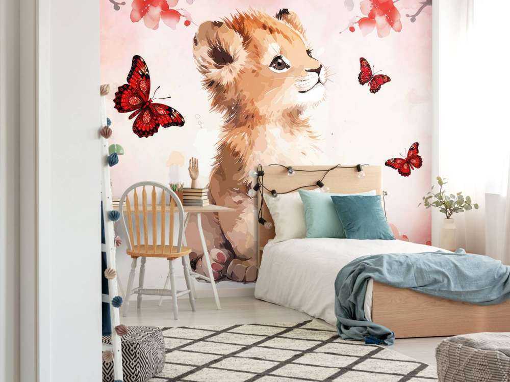 Drømmende løveunge og sommerfugle