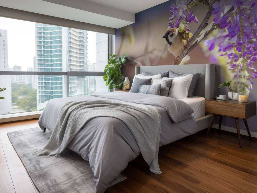 Mus og lilla blomster