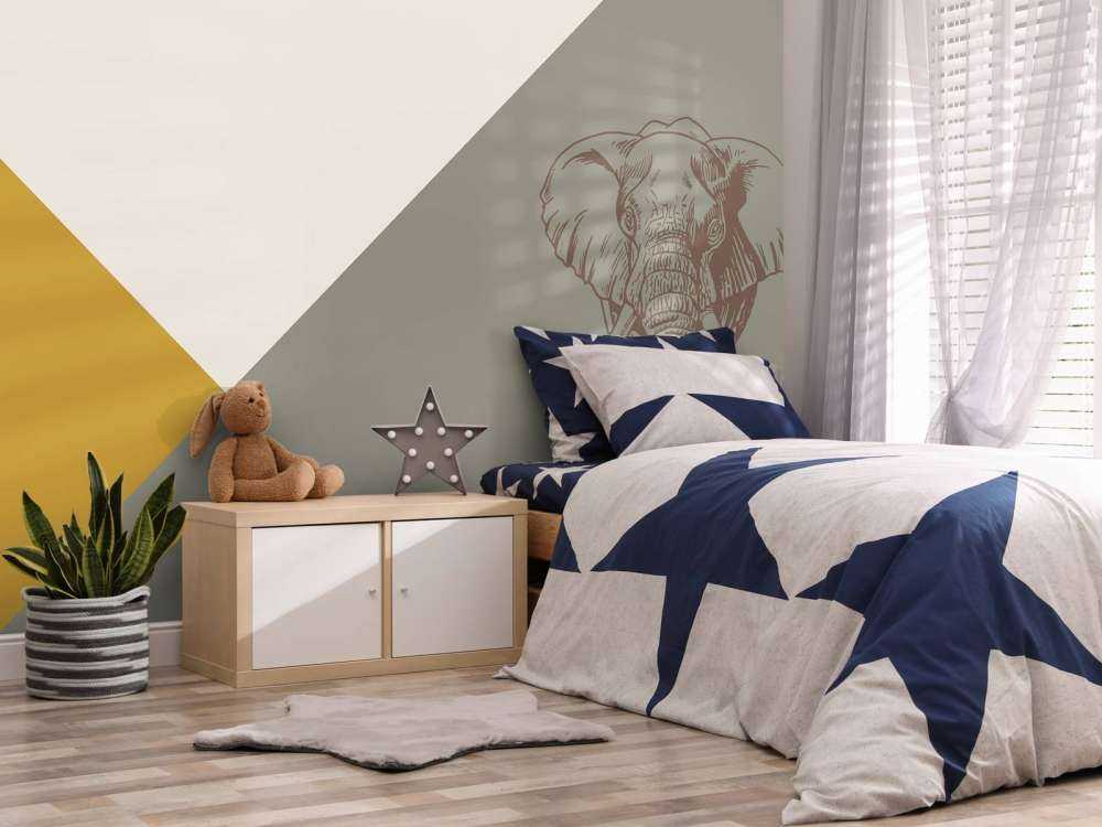 Trekanter i okkergult og grønt med elefant