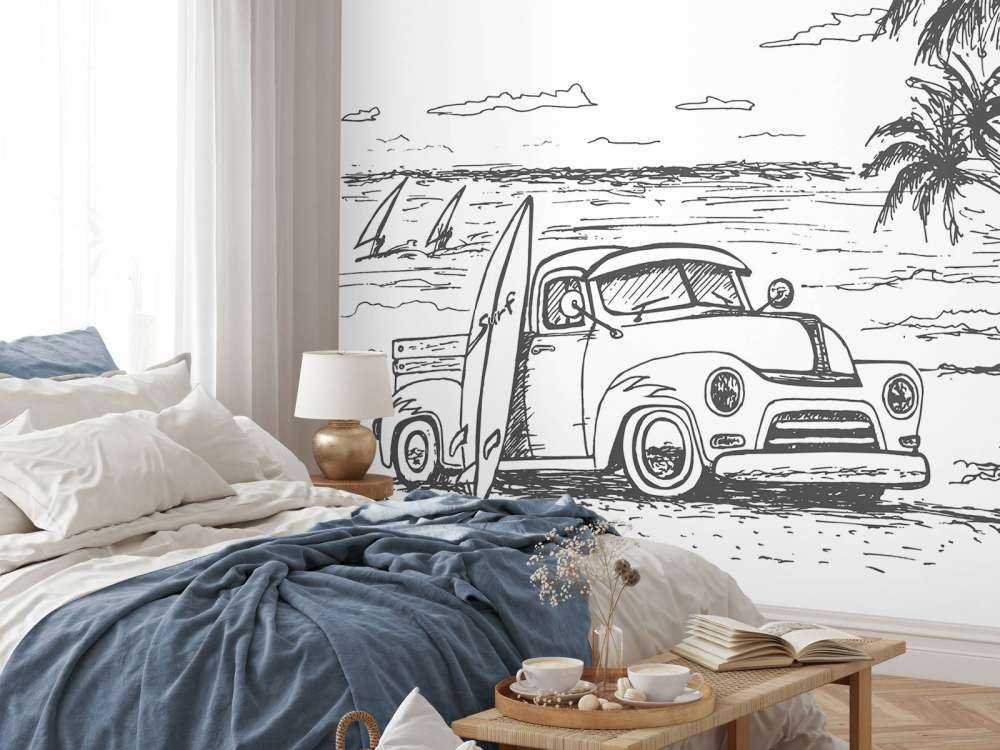 Tegnet strand i svart og hvitt