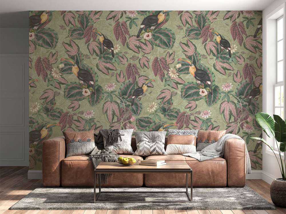 Tropiske jungelfugler og tukaner - salviegrønn