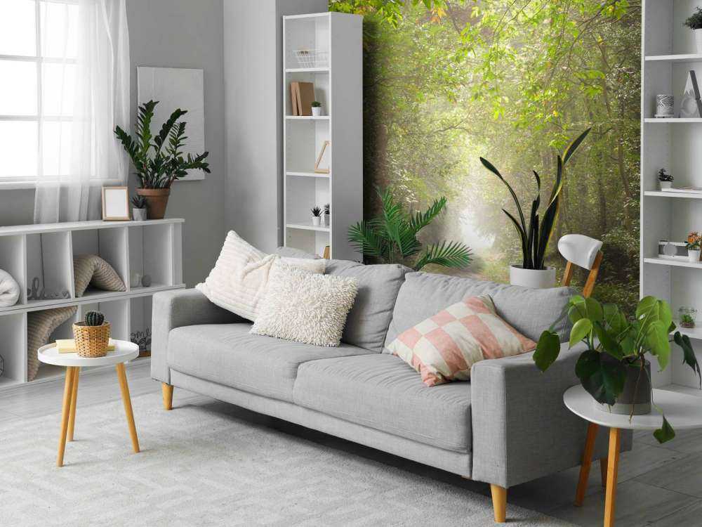 Stig genom dimmig skog