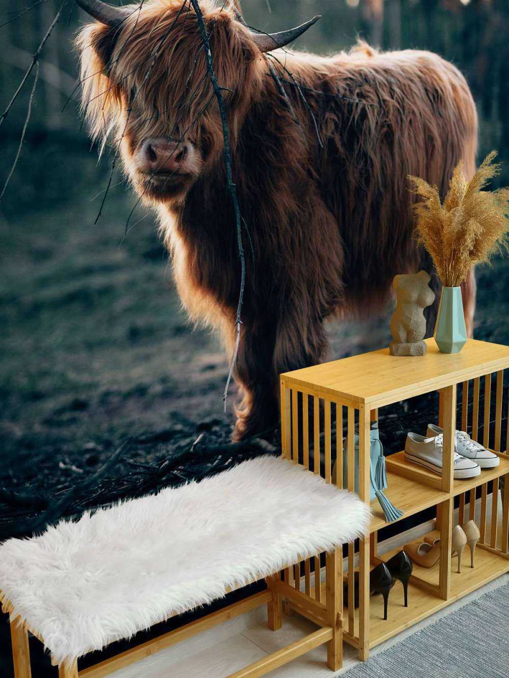 Skotsk högländare vid kanten av skogen