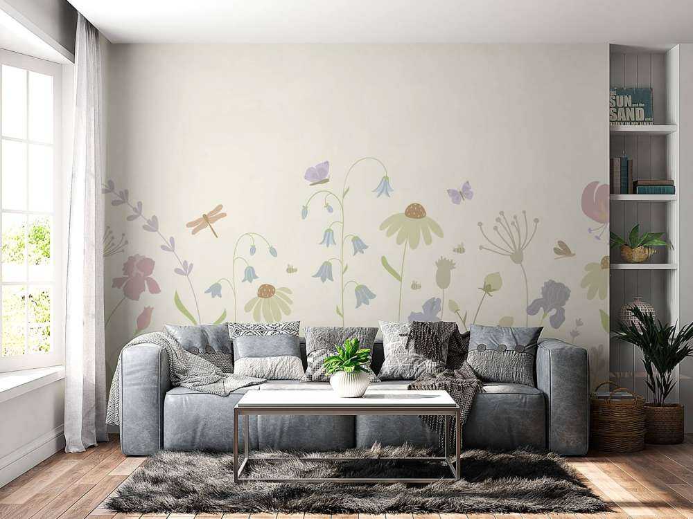 Blomsterfält högt med fjärilar beige, gammelrosa, grön och syren