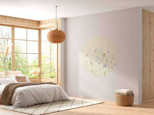 Blomsterfält med fjärilar sand, gammalrosa, grön och lila