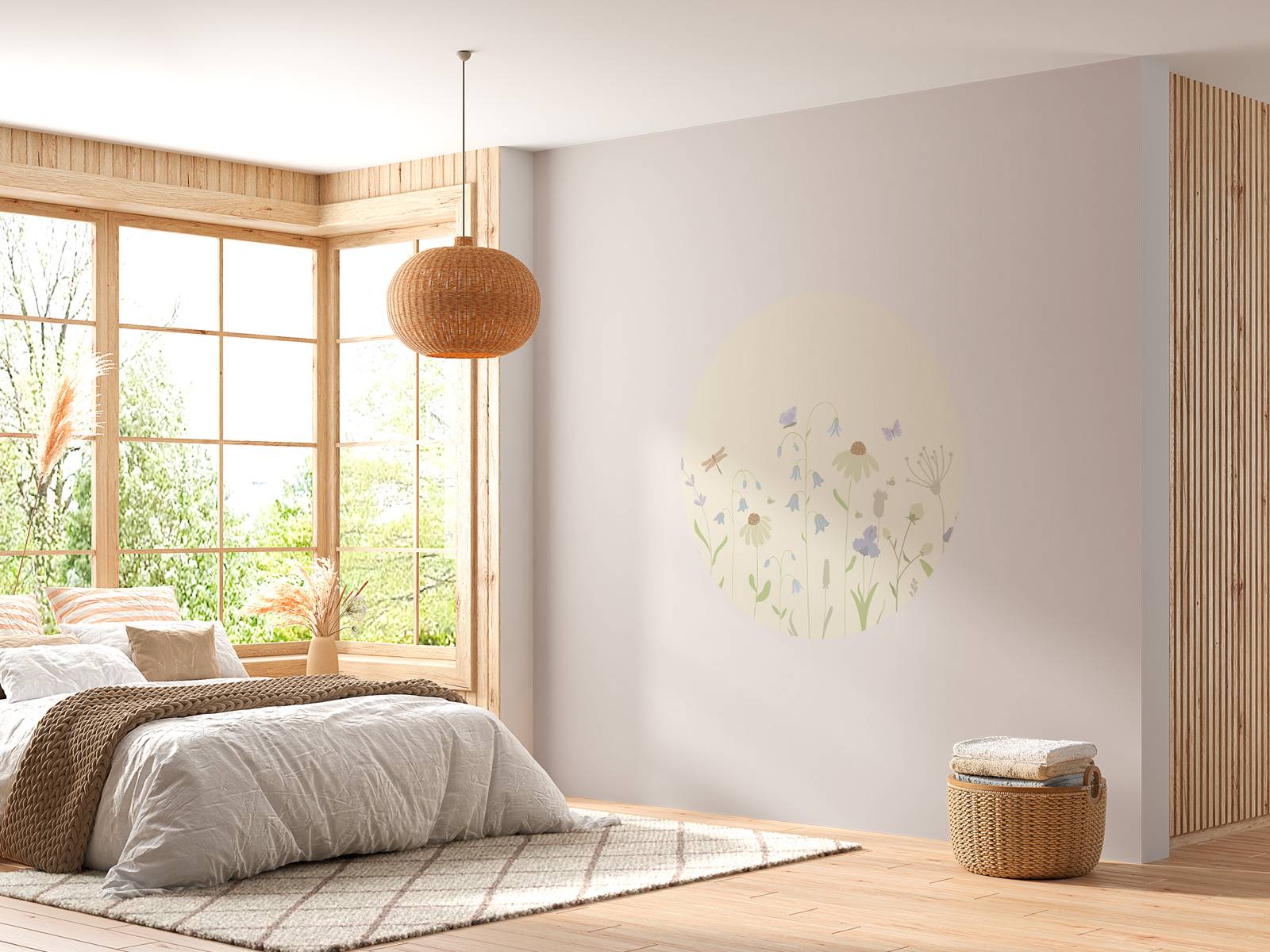 Blomsterfält med fjärilar sand, gammalrosa, grön och lila