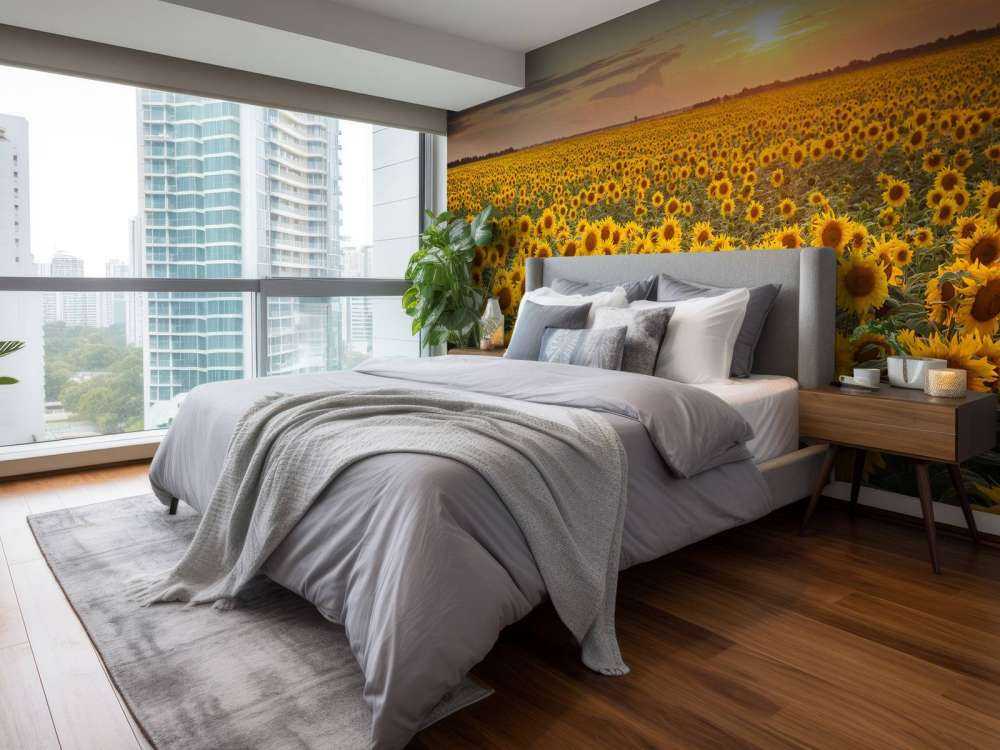 Solrosfält med solnedgång