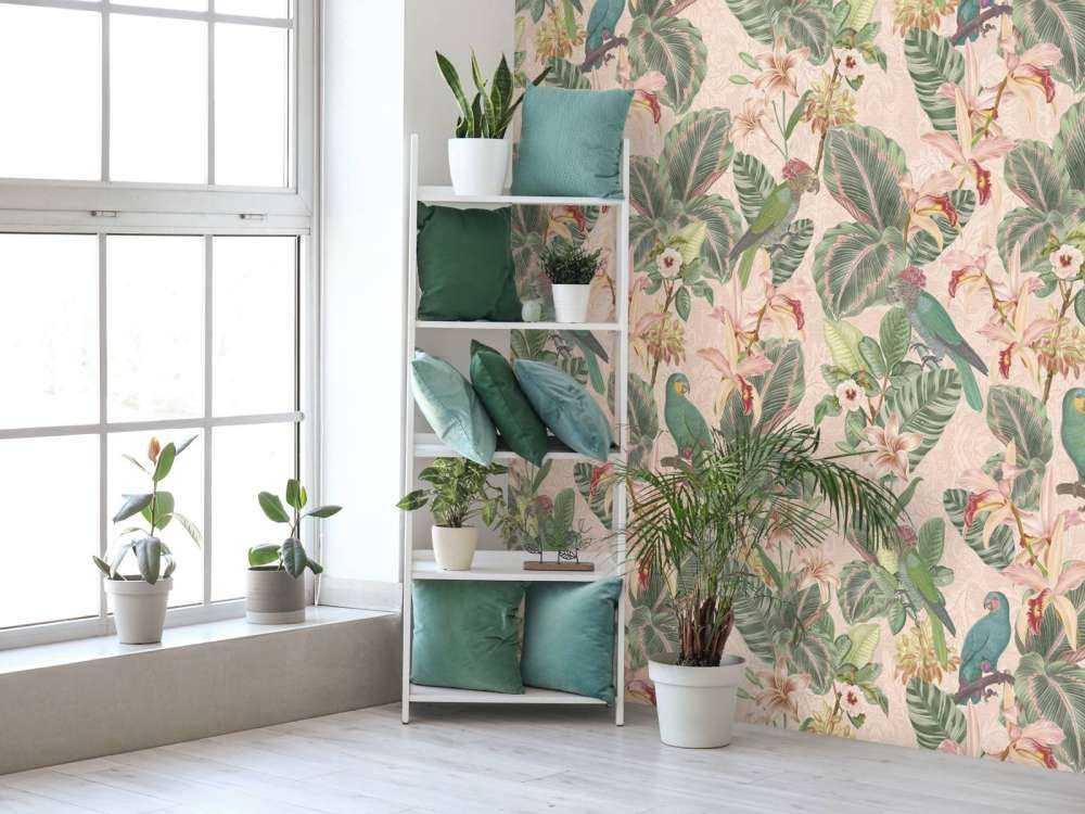 Tropiska djungelns fåglar & papegojor - mjukt rosa