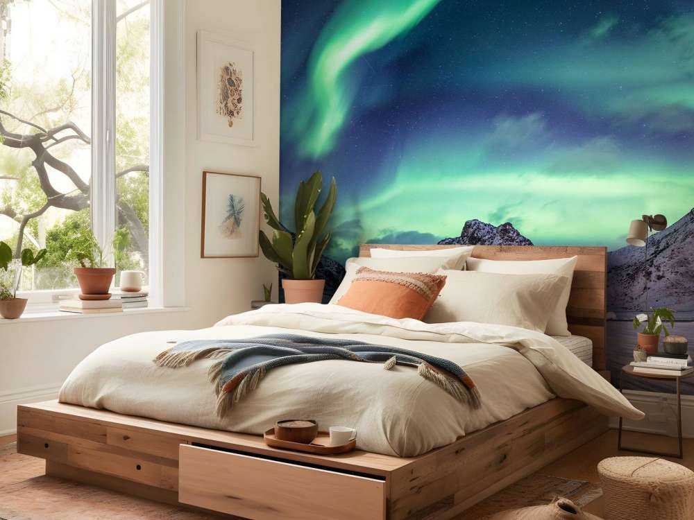 Norrsken över snöiga berg