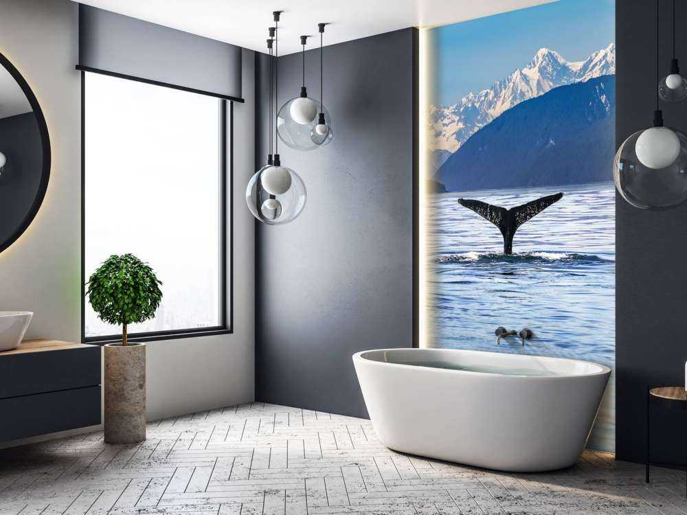 Dykkerhval med bjerge i tapeten