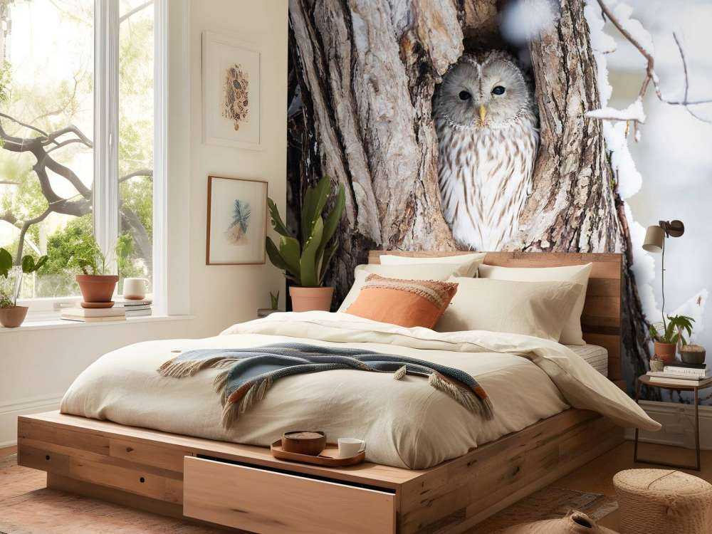 Hvit ugle i et hult tre