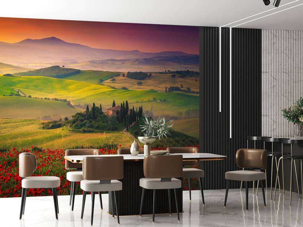 Røde valmuer med italiensk landskapp