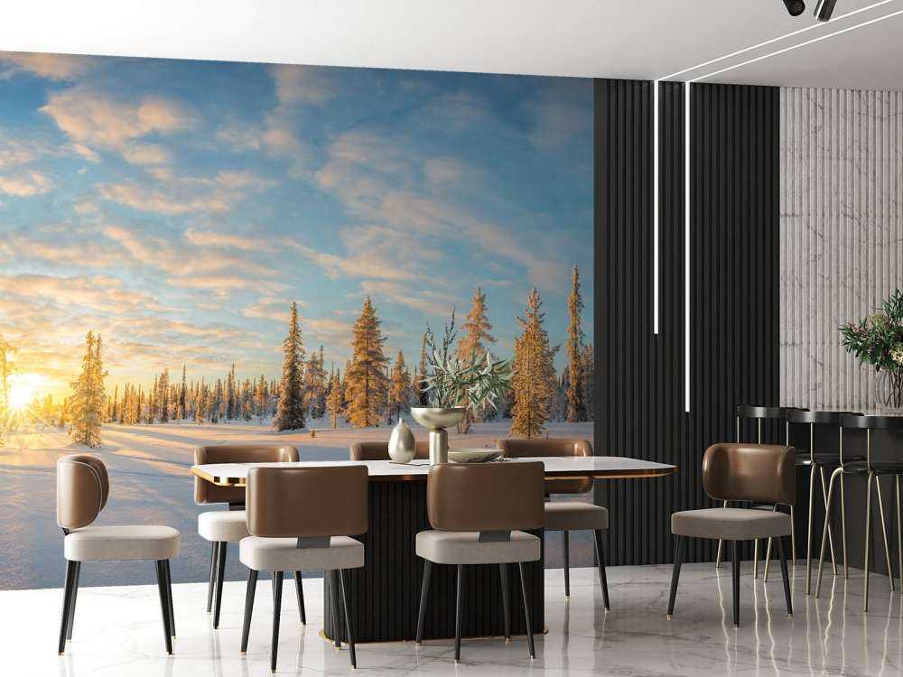 Snølandskapp ved solnedgang