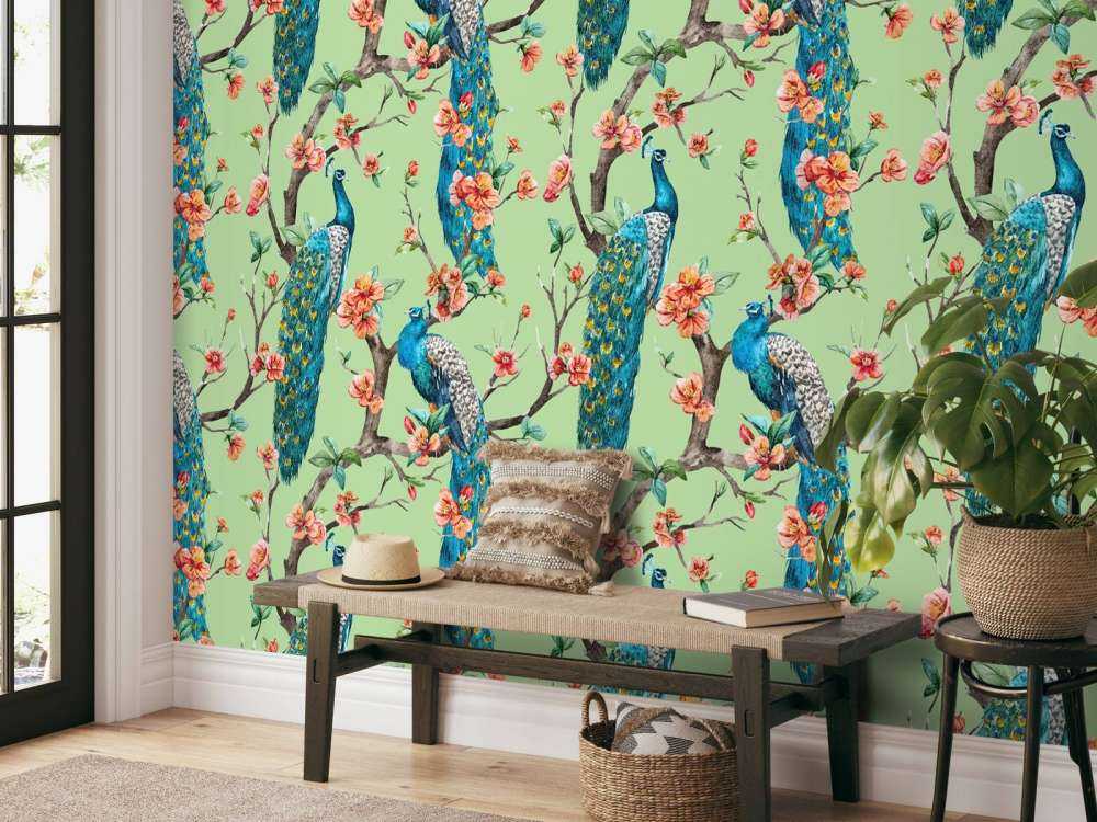 Påfugl med Hageblomster