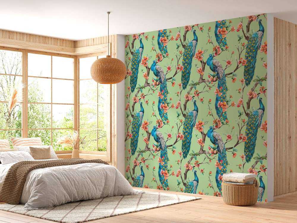 Påfugl med Hageblomster