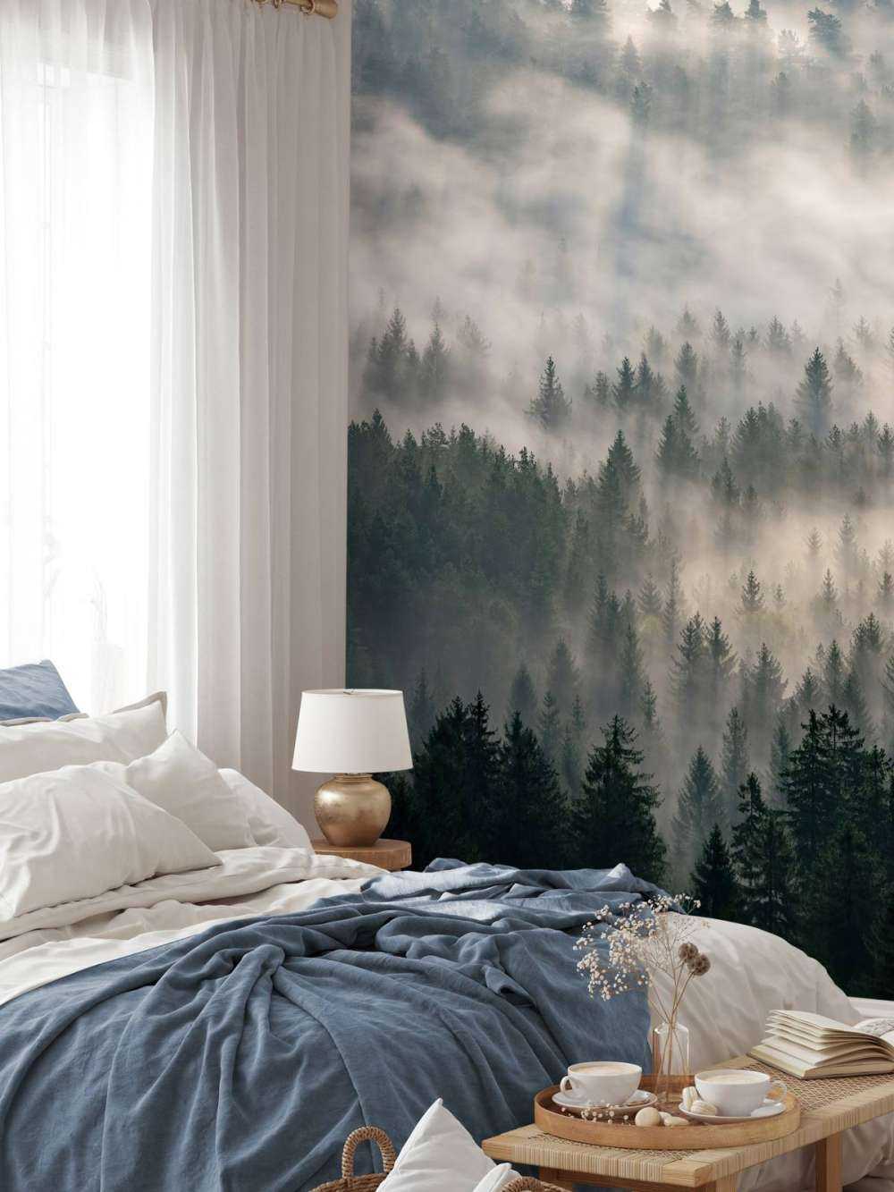 Fyrretræer og tåge