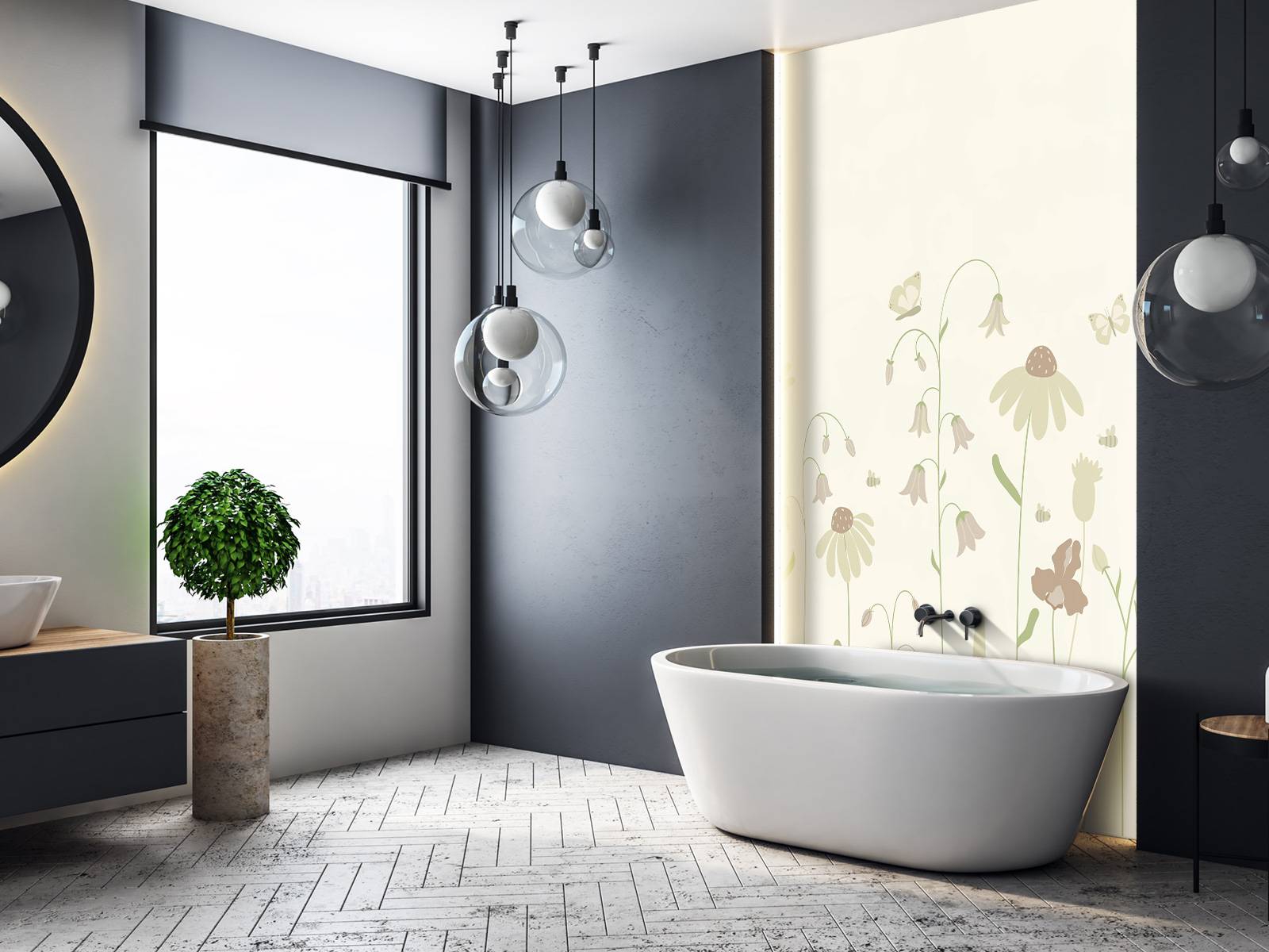 Blomstermark høj med sommerfugle beige og gammelrosa