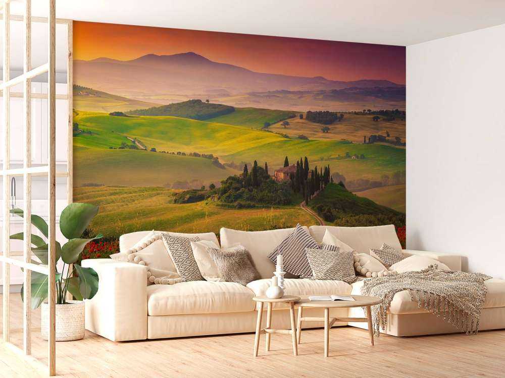 Røde valmuer med italiensk landskab