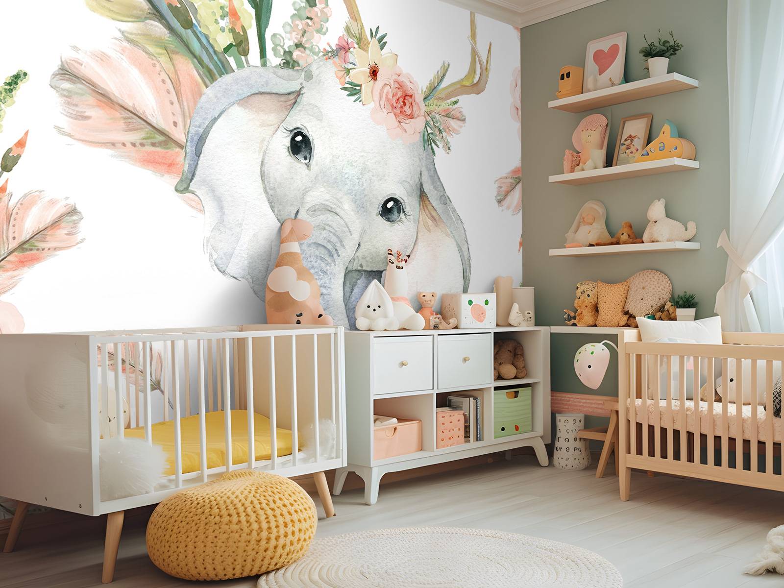 Babyelefant med lyserøde blomster
