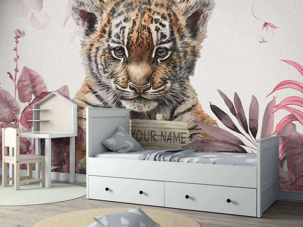 Söt tiger med växter rosa