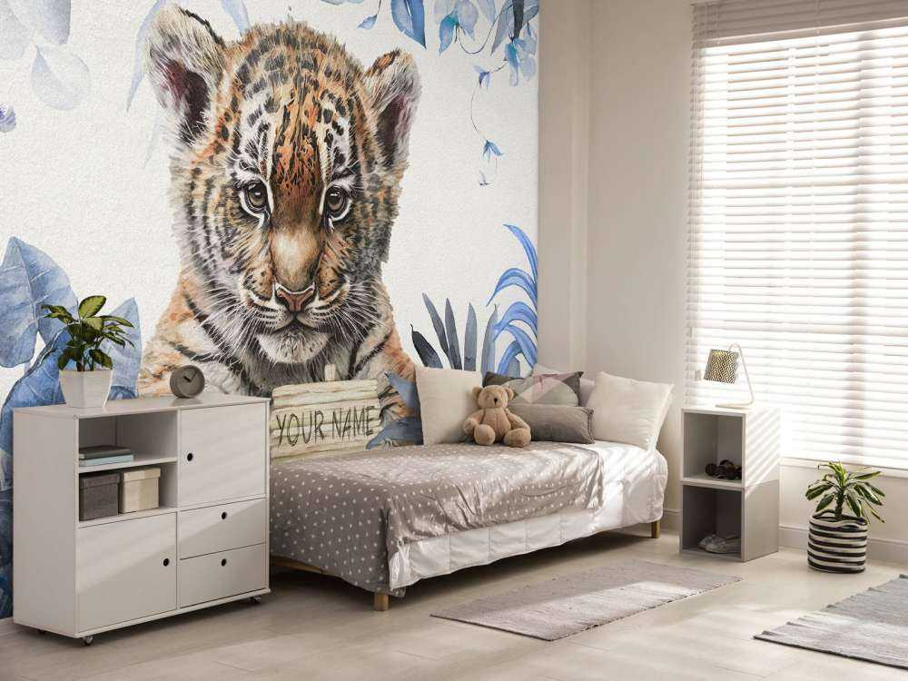 Söt tiger med växter blå