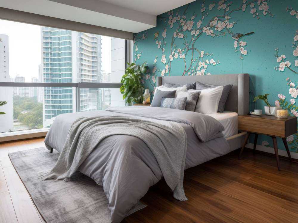 Tecknat blommande träd med fåglar