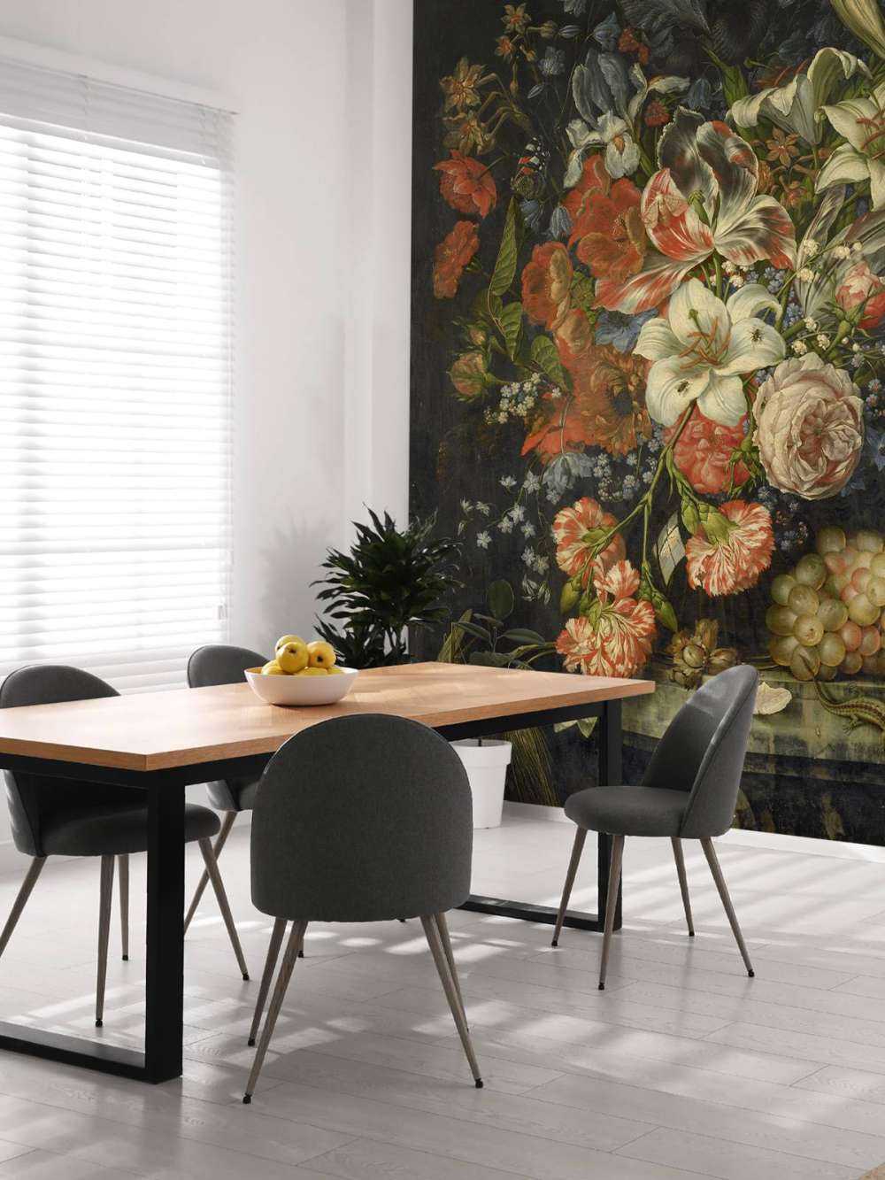 stilleben med blommor och frukter