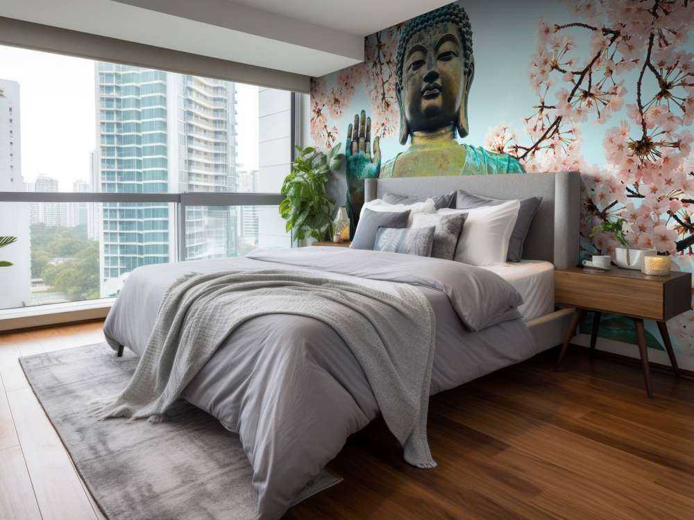 Buddha omgiven med körsbär blommor