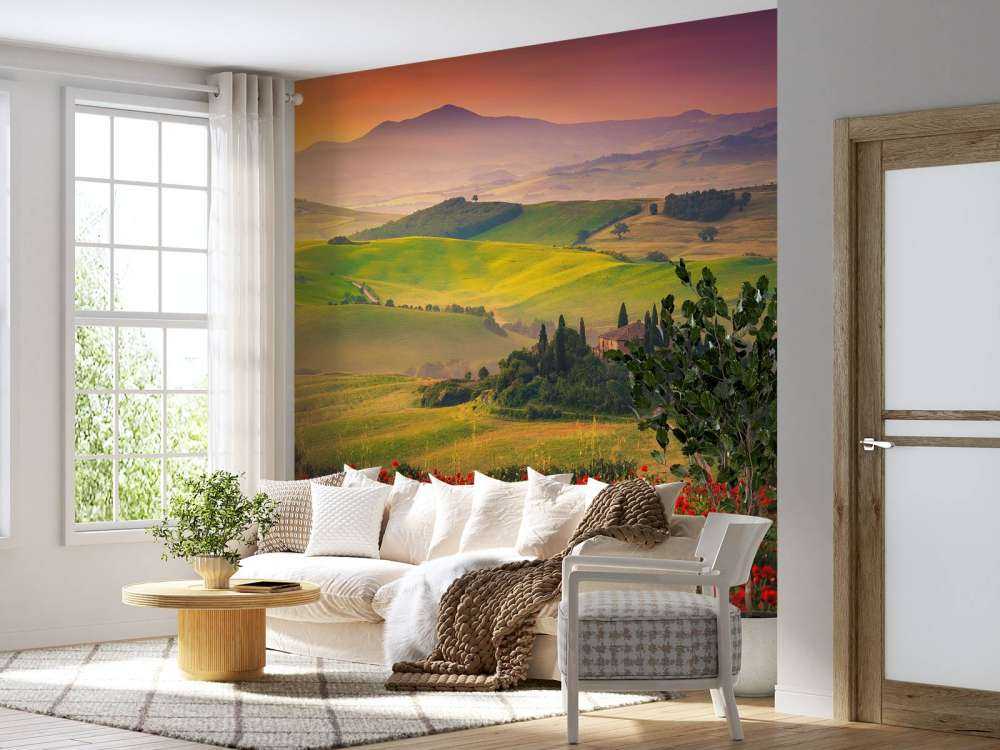 Røde valmuer med italiensk landskab