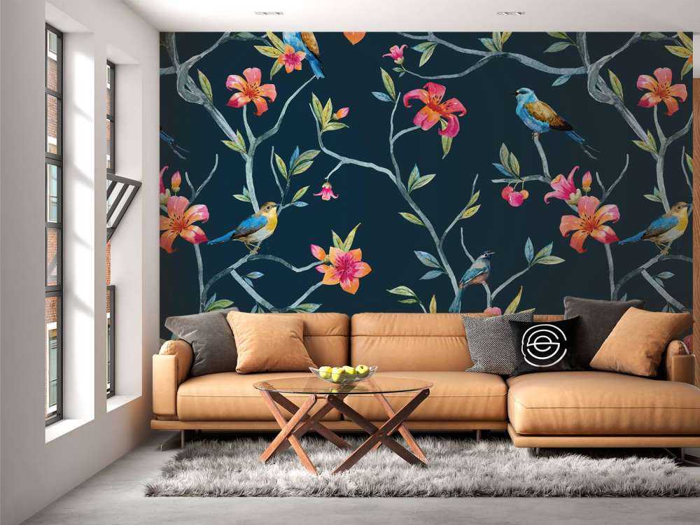 Tropiske blomster og fugle