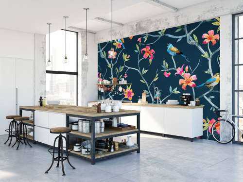 Tropiske blomster og fugler