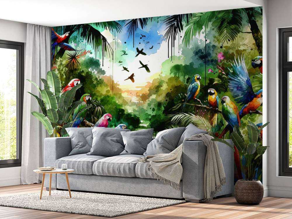 Watercolor Tropical Birds In The Jungle