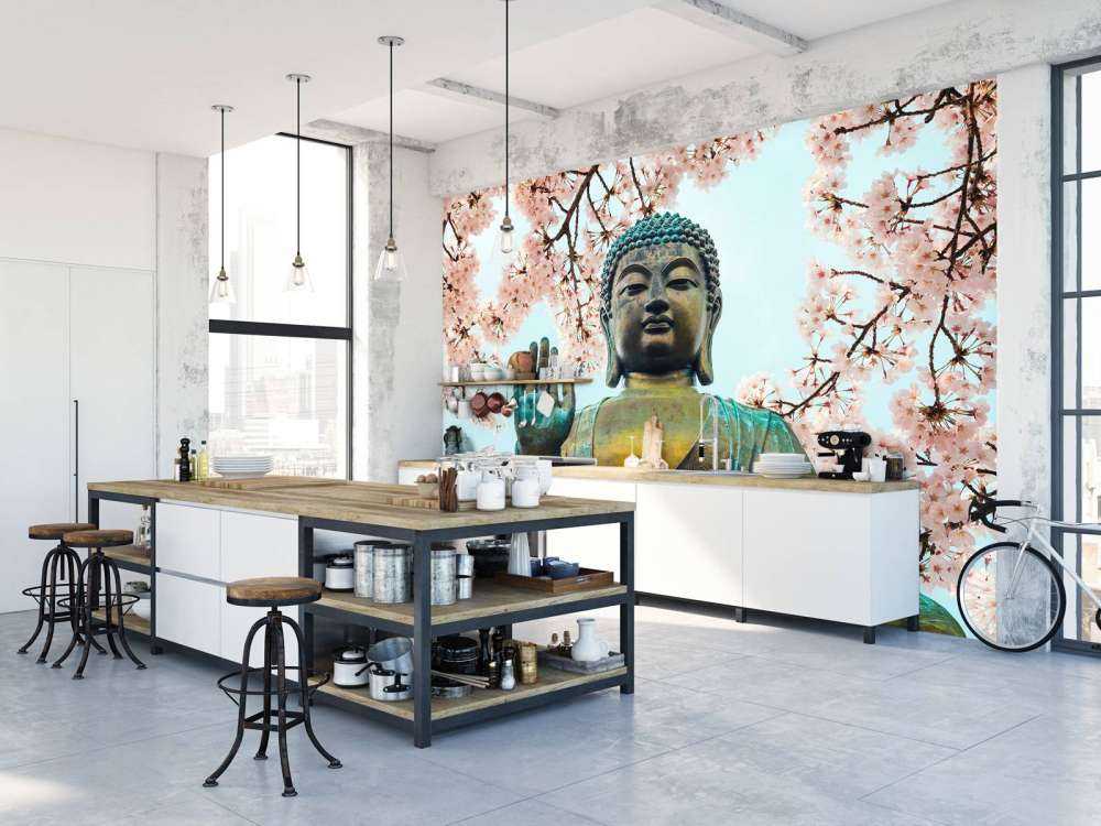 Buddha omgiven med körsbär blommor