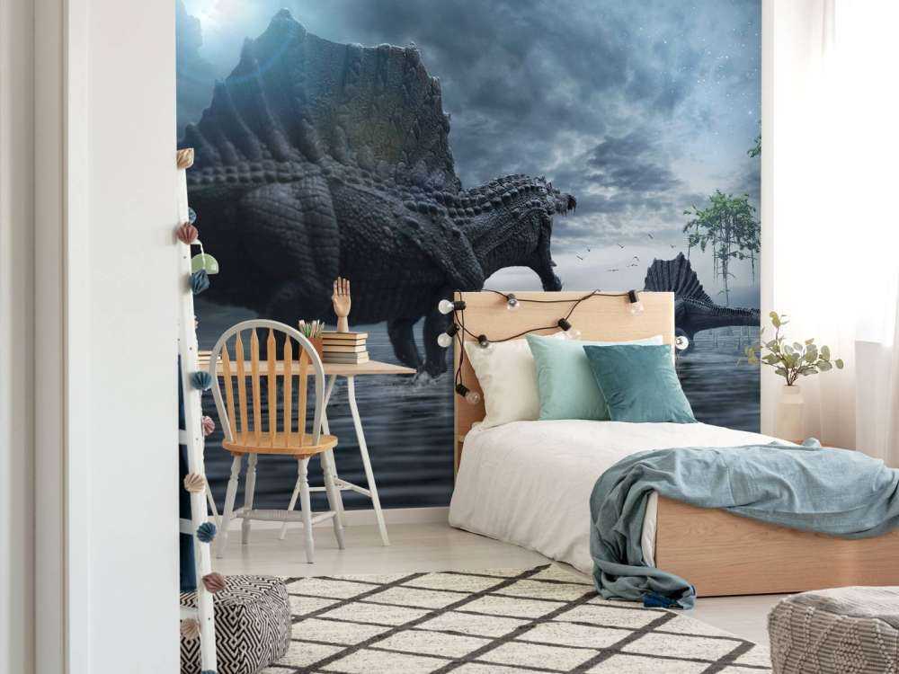 En grupp Spinosaurus i en jaktmark