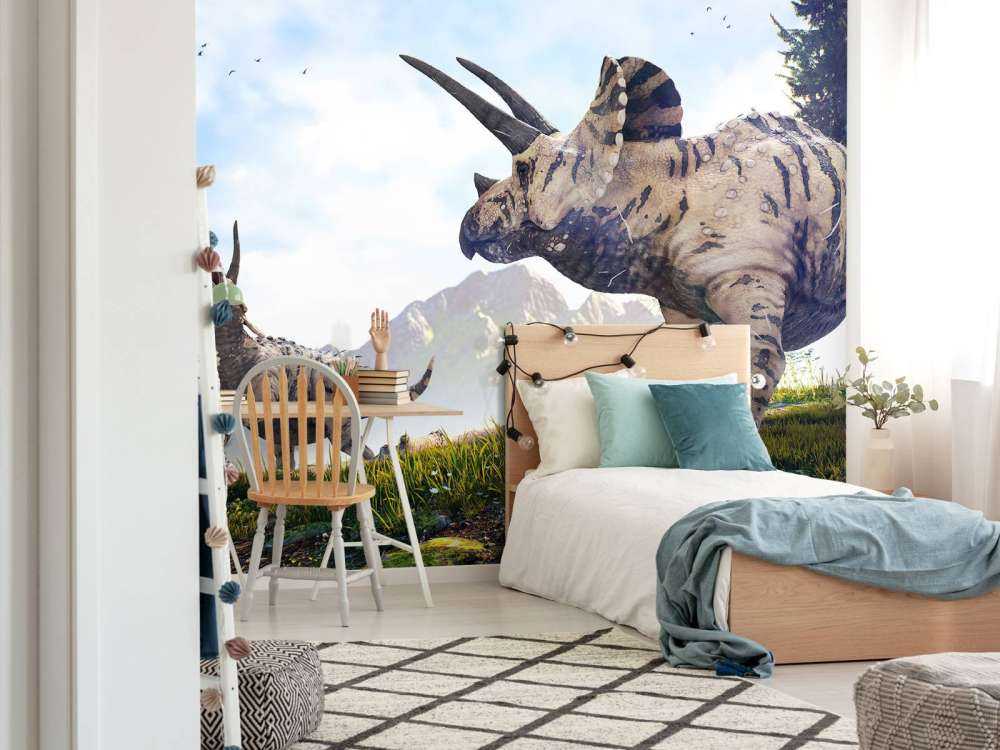 Dinosaurier som vandrar genom naturen