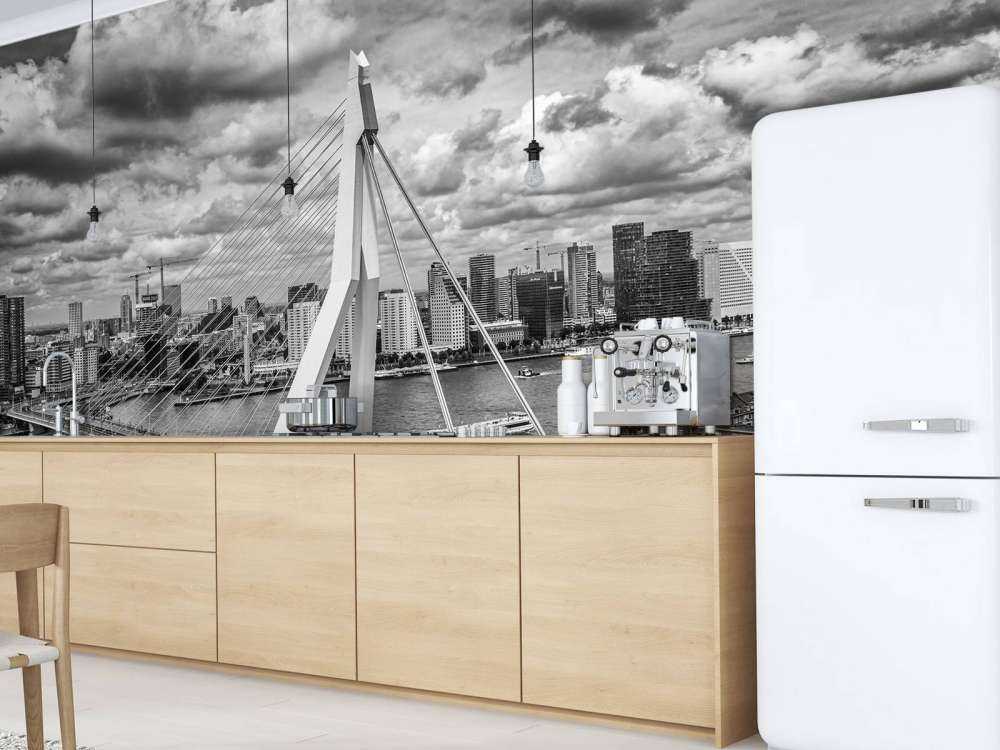 Rotterdams stadskärna från hög höjd i svartvitt 