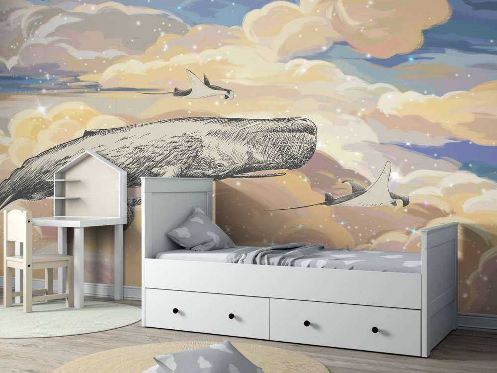 Val som simmar genom molnen